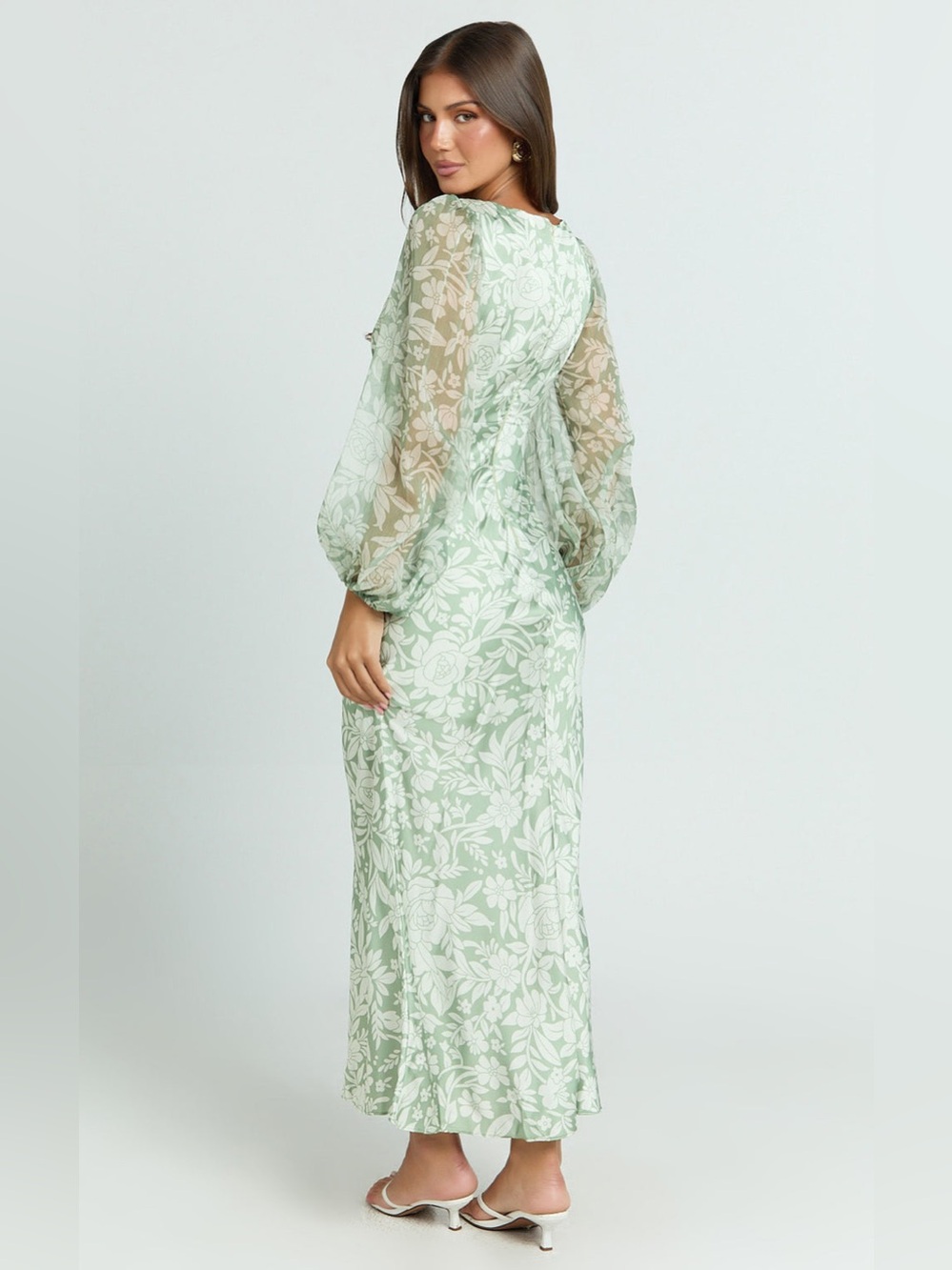 SHOWPO Freollyn Deep V Neck Floral Sheer Sleeve Maxi Dress in Sage Size 10 NWT - Picture 4 of 14
